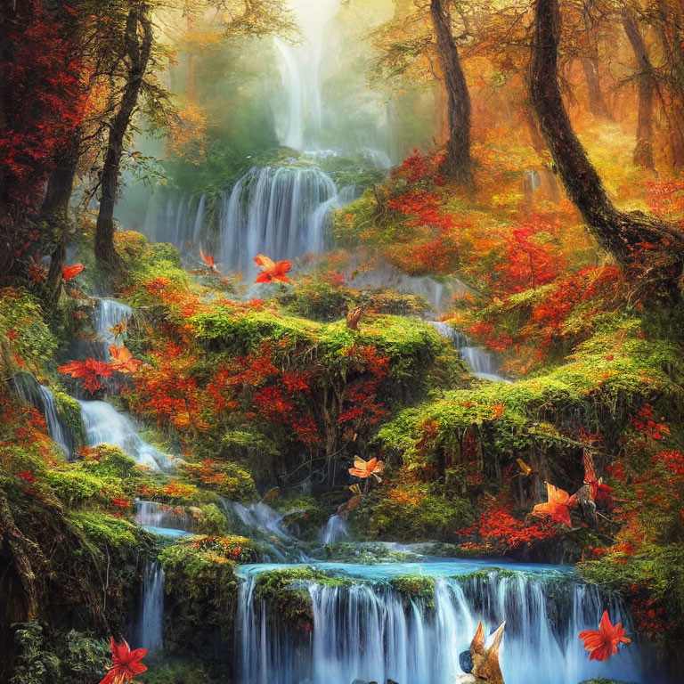 Vibrant autumn forest with waterfalls and mist