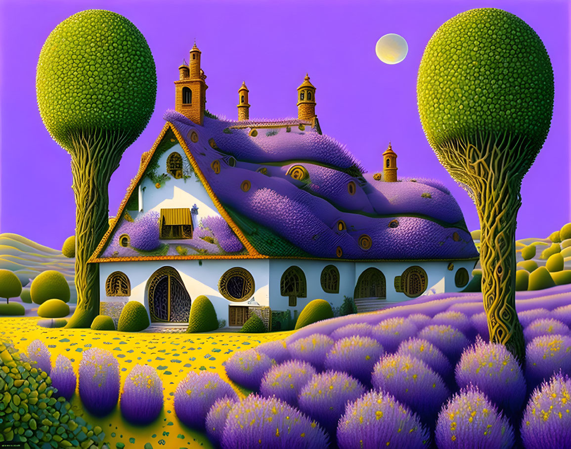 Surreal landscape with purple-roofed house, towering trees, lavender fields, and crescent