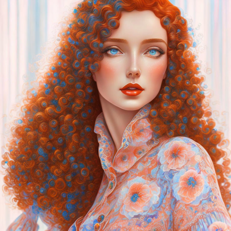 Vibrant red-haired woman in floral blouse on pastel background