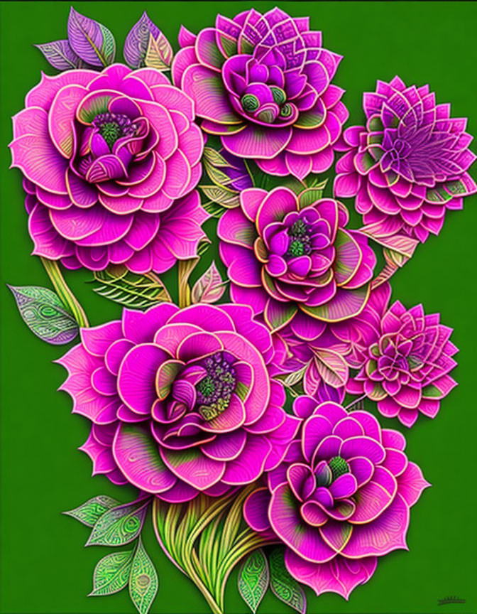 Colorful digital artwork featuring purple and magenta flowers on green backdrop