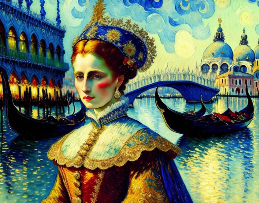 Vibrant Venetian portrait with historical attire and swirling patterns