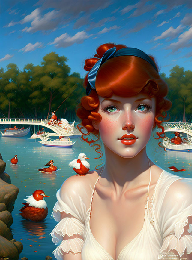 Portrait of woman with blue eyes and red hair by lake with boats and ducks