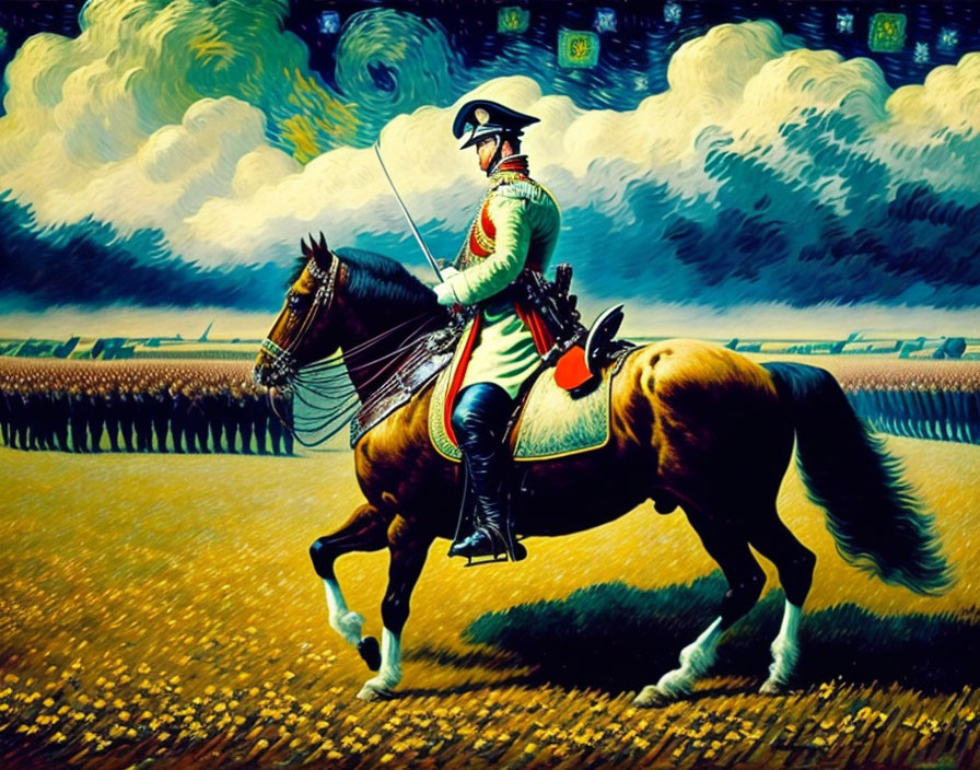 Historical military officer painting on horse with soldiers in stormy backdrop