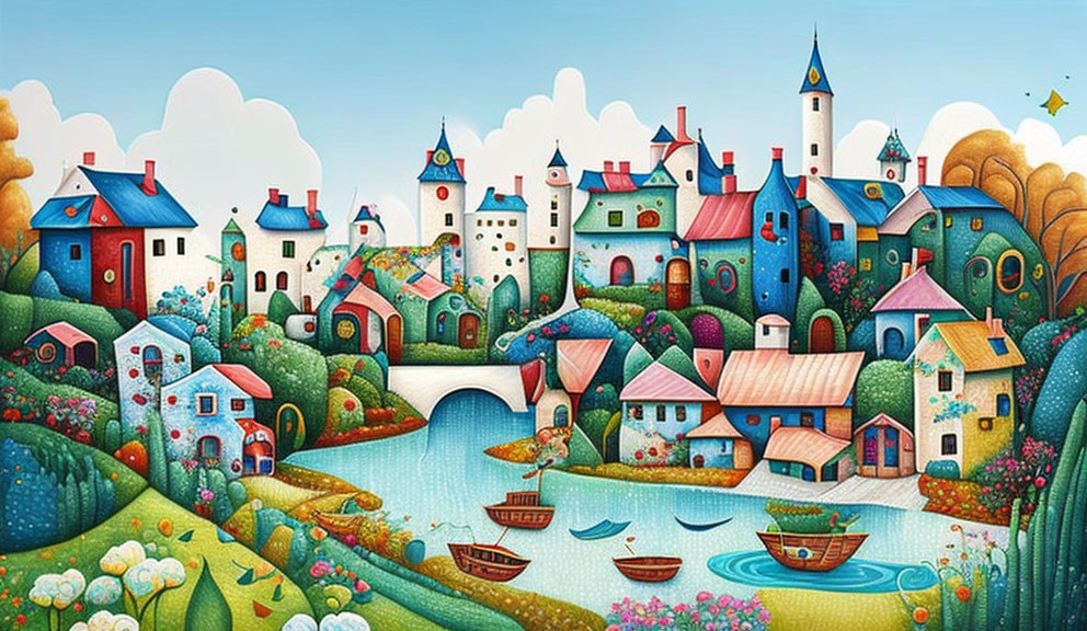 Vibrant village illustration with colorful houses, rolling hills, river, bridges, and blue sky