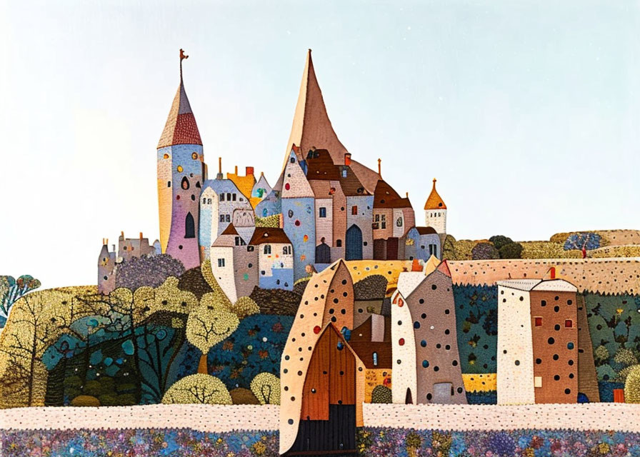 Vibrant medieval village illustration with castles, hills, and trees