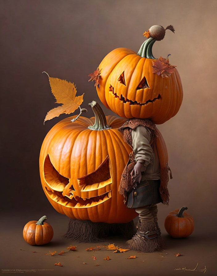 Artwork featuring character with jack-o'-lantern head & torso, surrounded by pumpkins & autumn