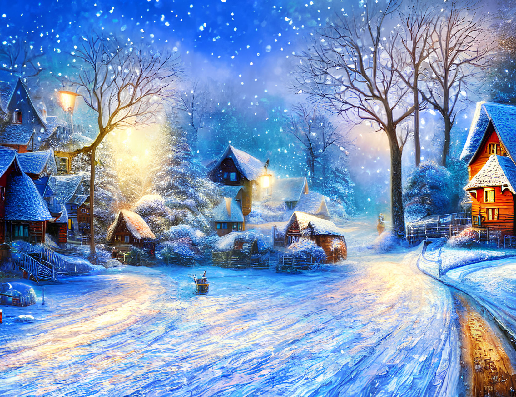 Snowy Winter Village Scene with Cozy Homes and Glowing Lanterns