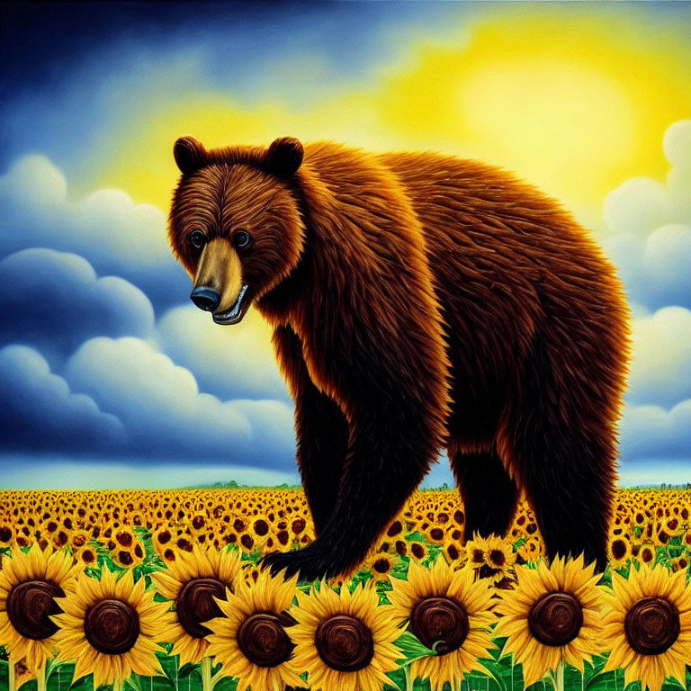 Bear in Sunflower Field at Sunset Illustration