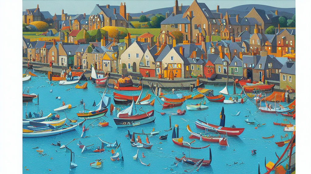 Vibrant Coastal Village Scene with Boats and Houses