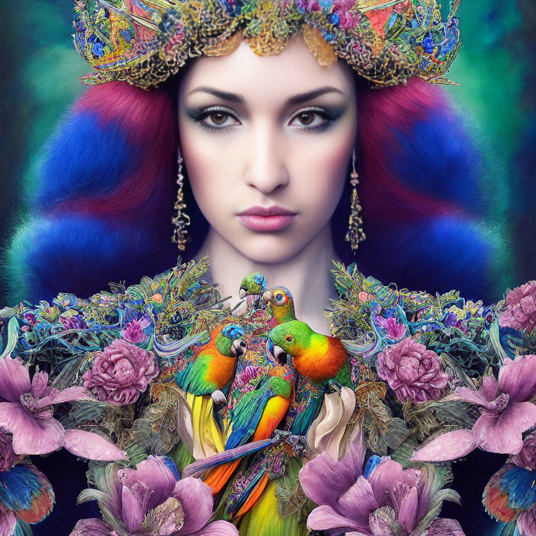 Colorful Woman with Peacock Headdress and Floral Surroundings