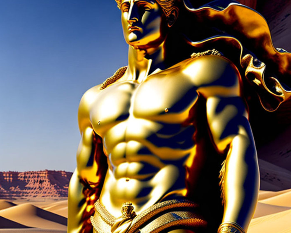 Mythical winged warrior statue in desert landscape