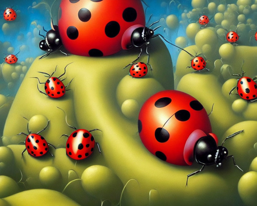 Vibrant Ladybug Illustration on Green Terrain with Yellow Elements