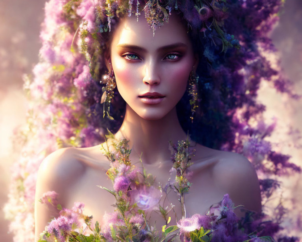 Woman with Purple Floral and Jeweled Hair Adornments Portrait