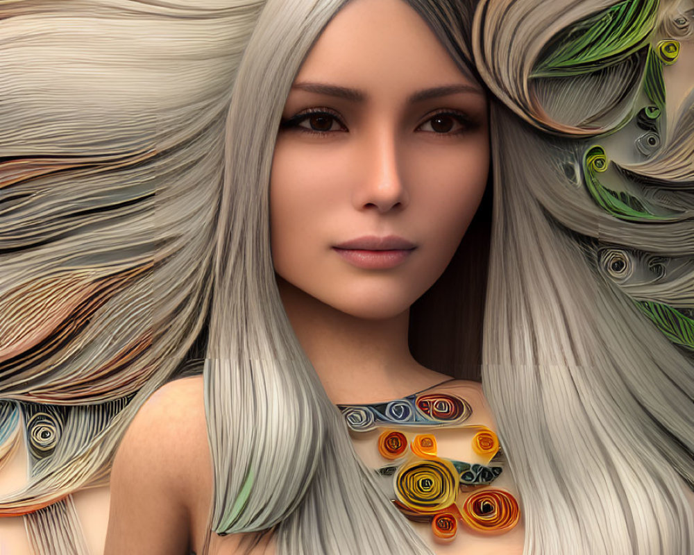 Digital Art Portrait: Woman with Quilled Paper Hair in Earthy Tones