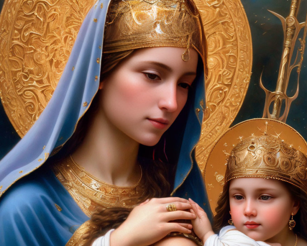 Traditional religious painting: Woman and child with golden halos in ornate blue robes