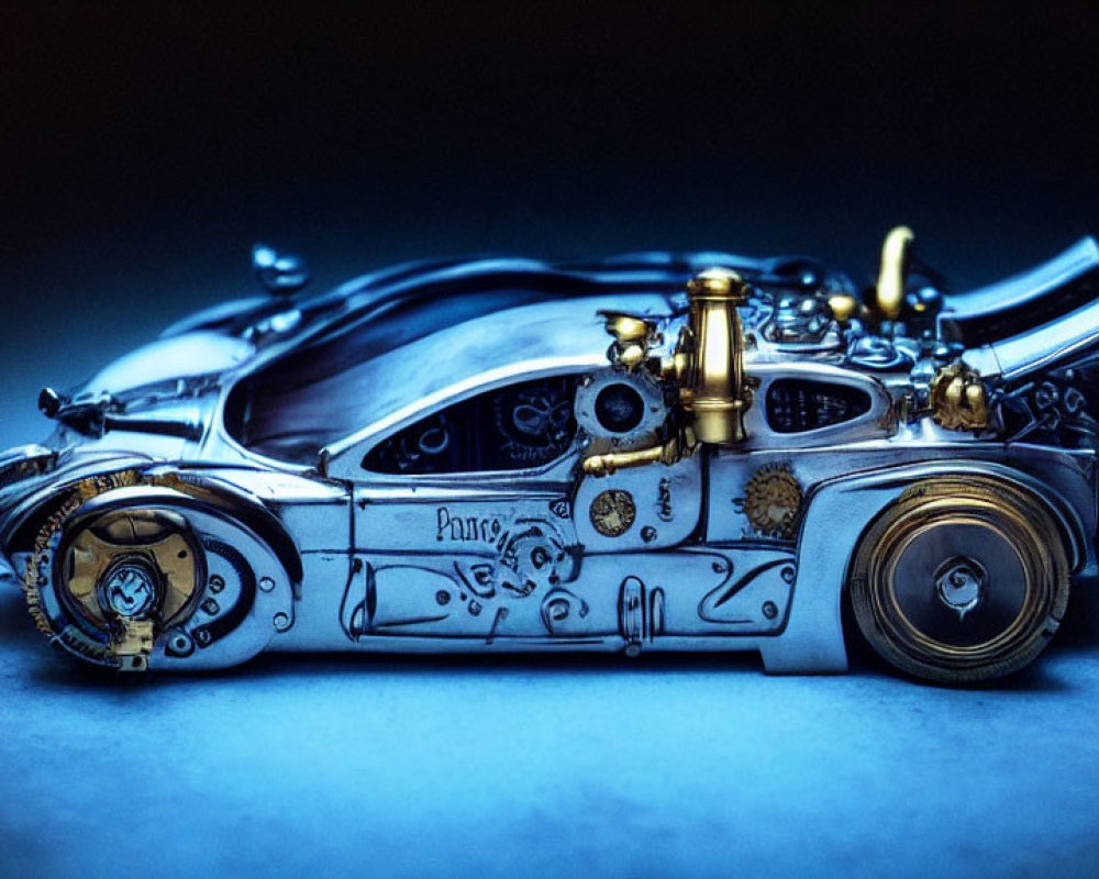 Intricate Steampunk Car Model with Gold Gears on Dark Background