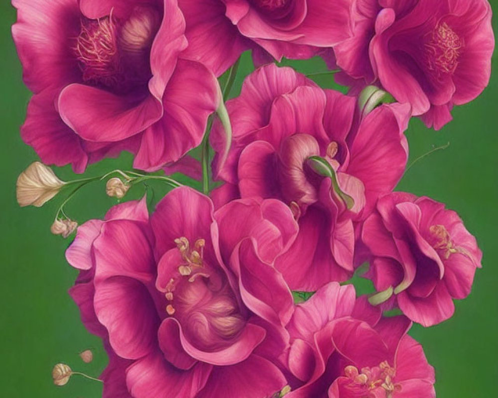 Detailed Pink Rose Painting on Green Background