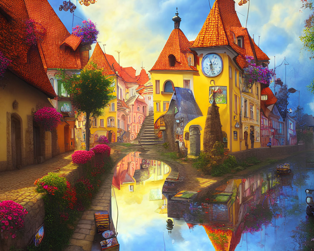 Charming European Village Scene with Colorful Buildings and Serene Canal