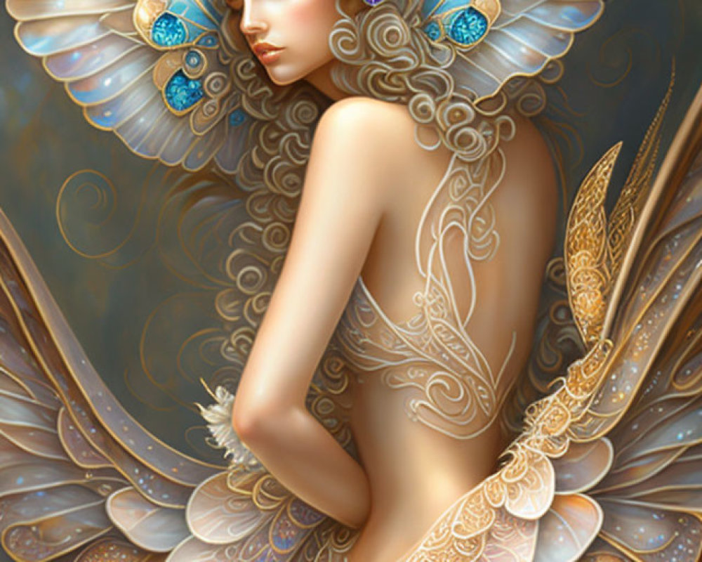 Pensive female figure with butterfly wings in warm colors