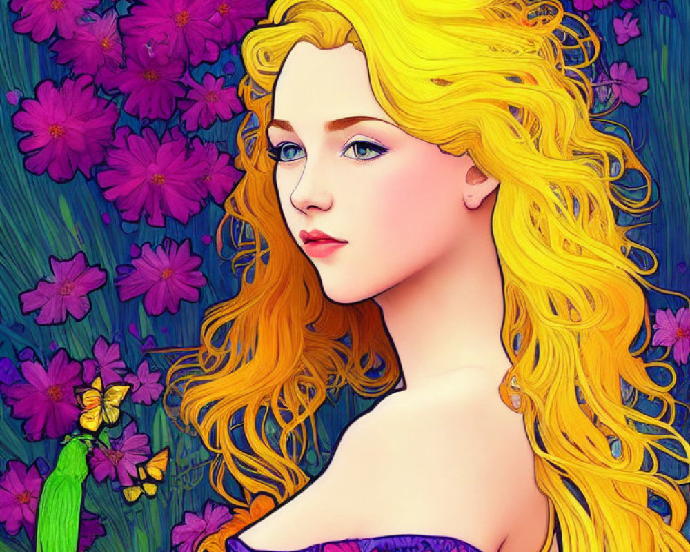 Blonde Woman with Blue Eyes in Purple Flower Garden with Parrot