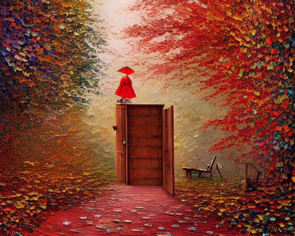 Colorful autumn scene with person in red cloak by open wooden door