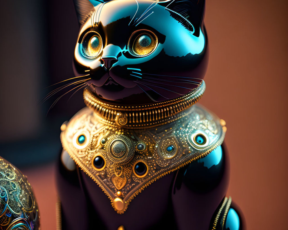 Black Cat Figurine with Gold and Turquoise Details and Patterned Sphere