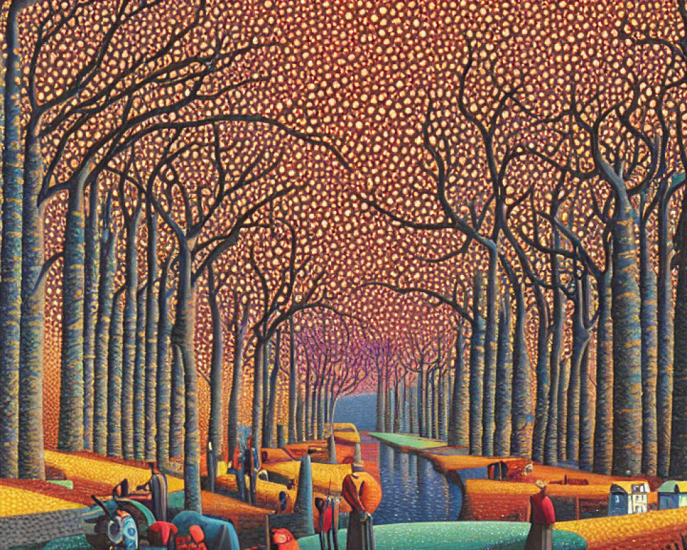 Colorful painting of tree-lined path with whimsical houses & intricate bark patterns