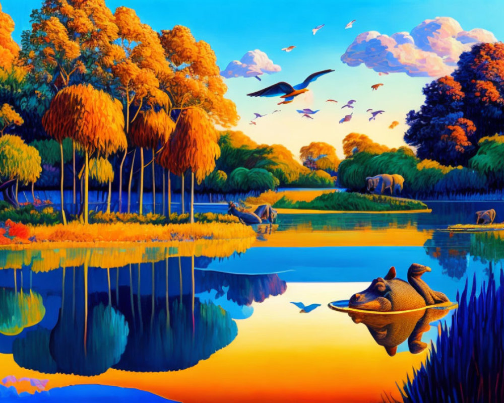 Serene autumn lake scene with geese, hippo, and sunset