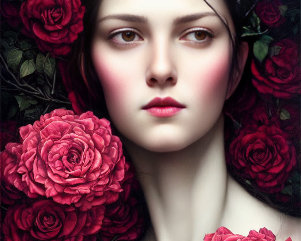 Woman portrait with red roses and serene expression