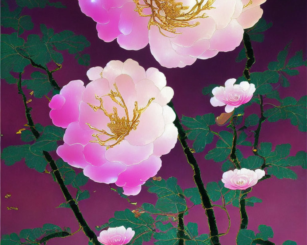 Colorful artwork featuring oversized pink peonies on a purple background