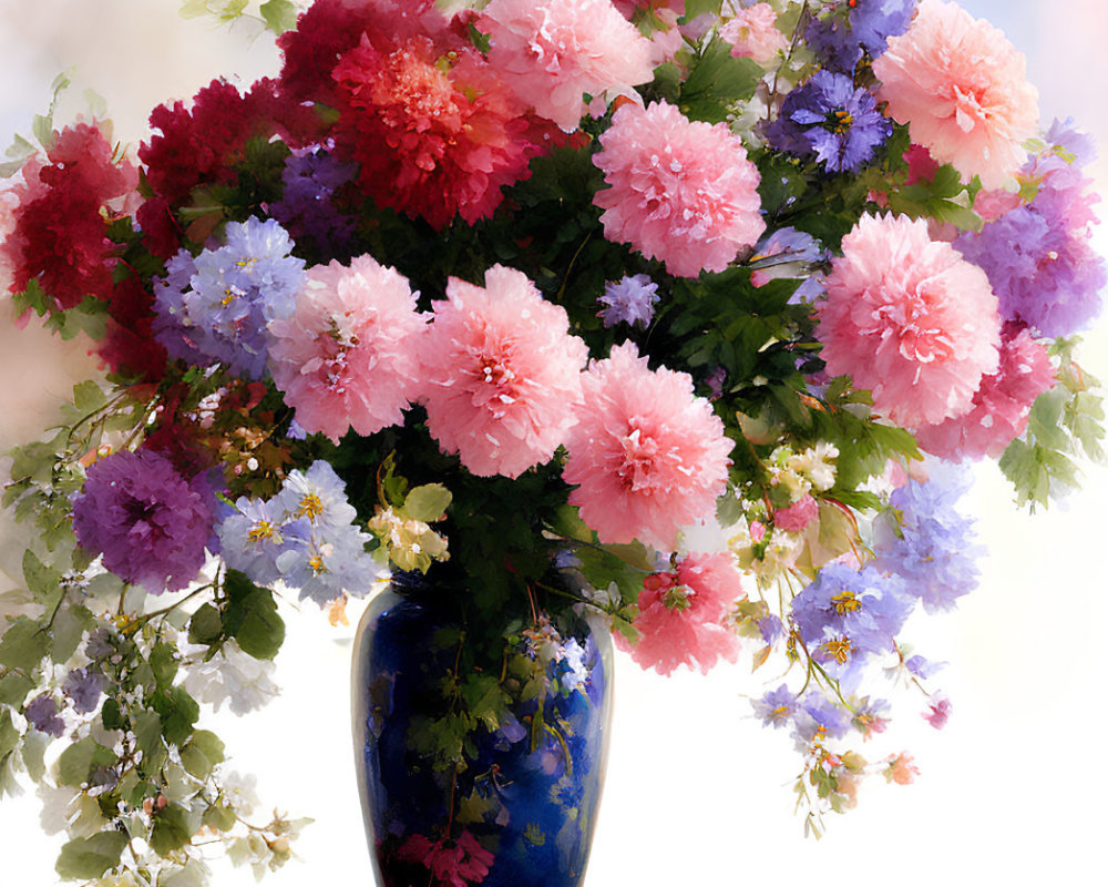 Colorful Flower Bouquet in Dark Blue Vase on Soft Background