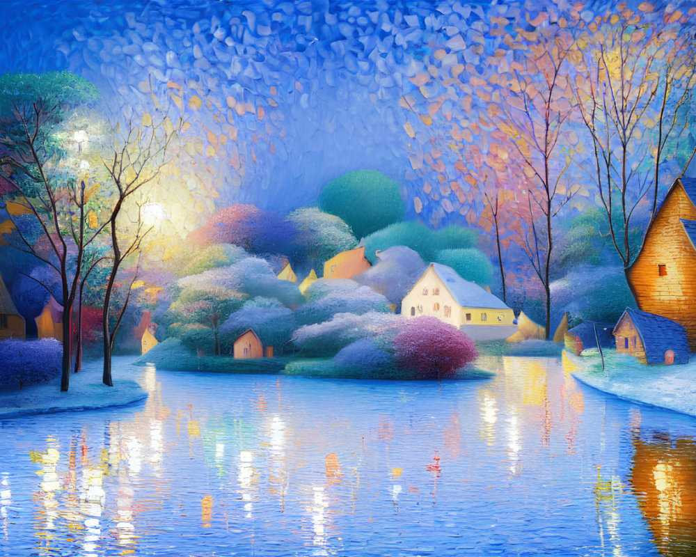 Colorful painting: Quaint village by river at dusk