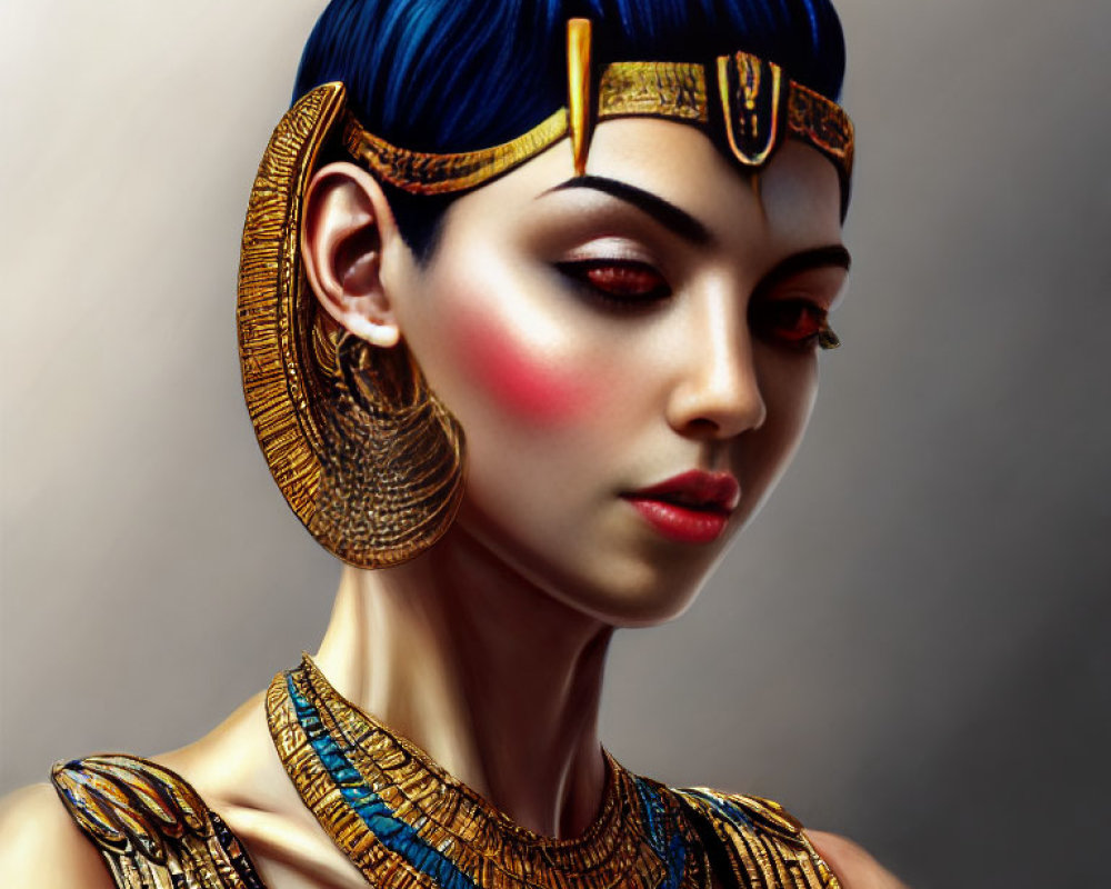 Digital portrait of a woman styled as ancient Egyptian queen with blue and gold headdress, large golden earrings