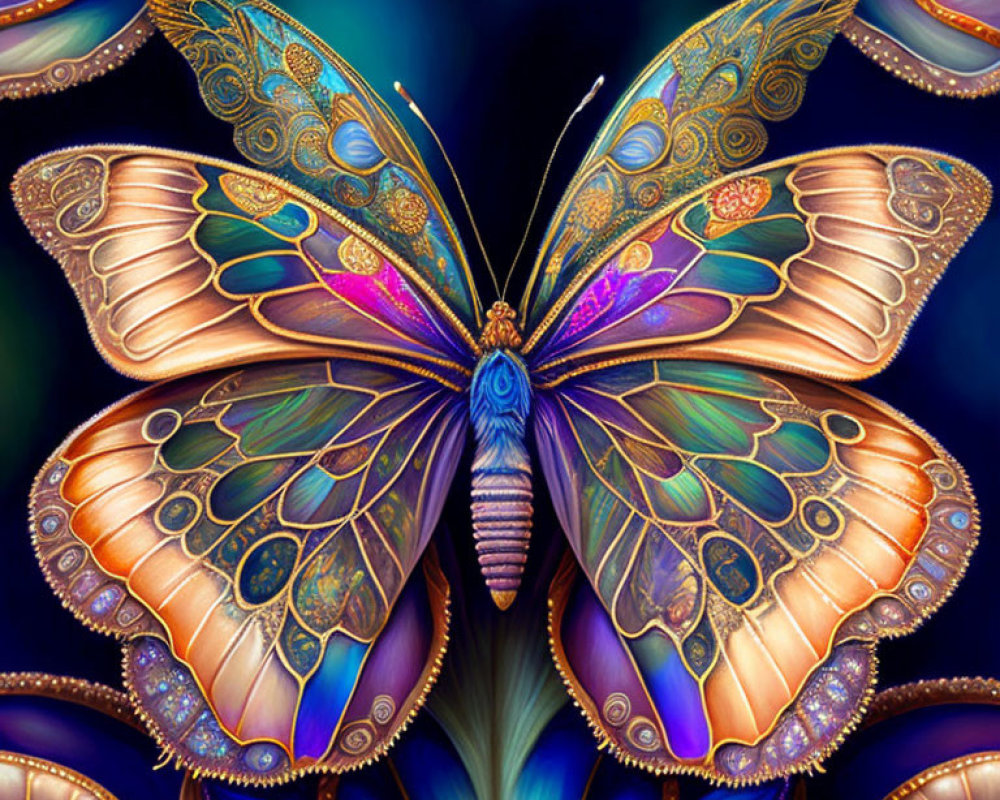 Symmetrical butterfly with vibrant colors and intricate patterns