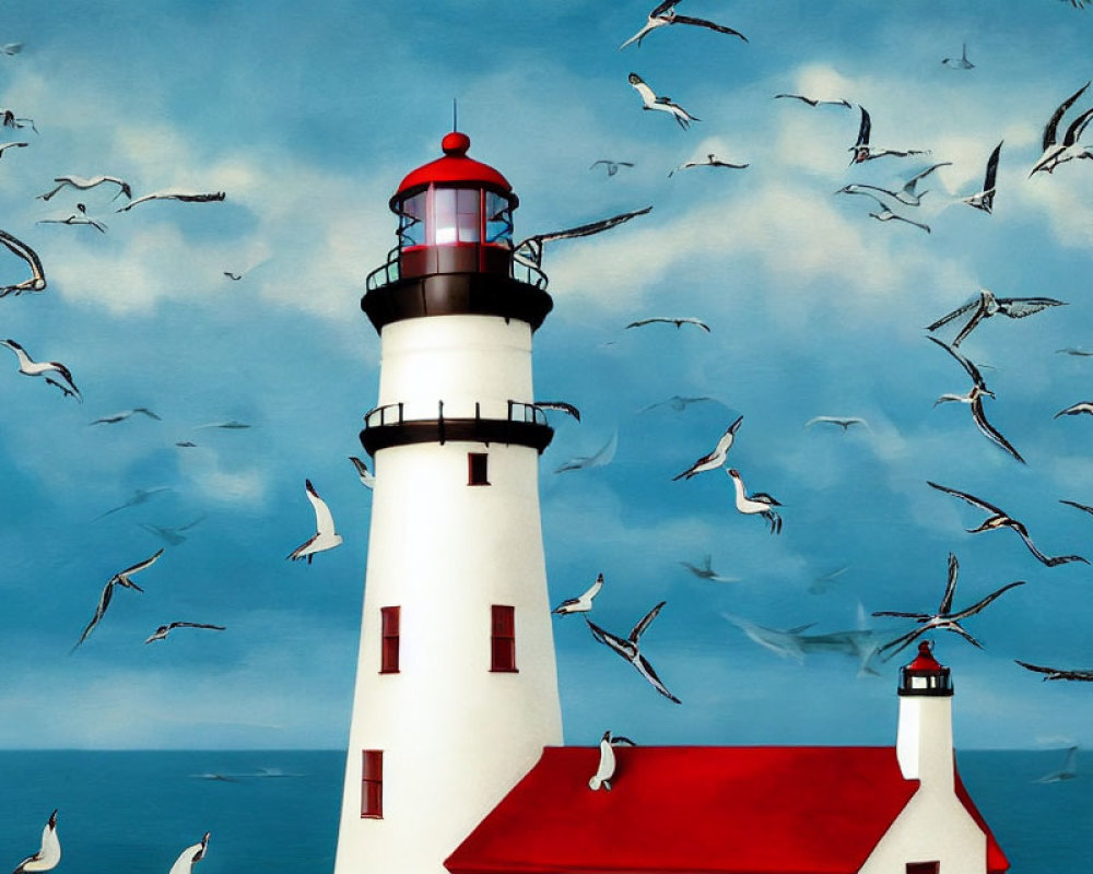 Scenic lighthouse with red cap by the sea and seagulls flying under cloudy sky