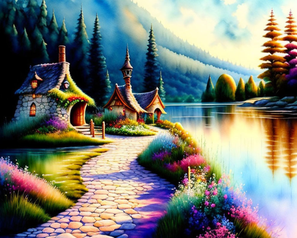 Colorful illustration of whimsical cottage by lake and lush forest