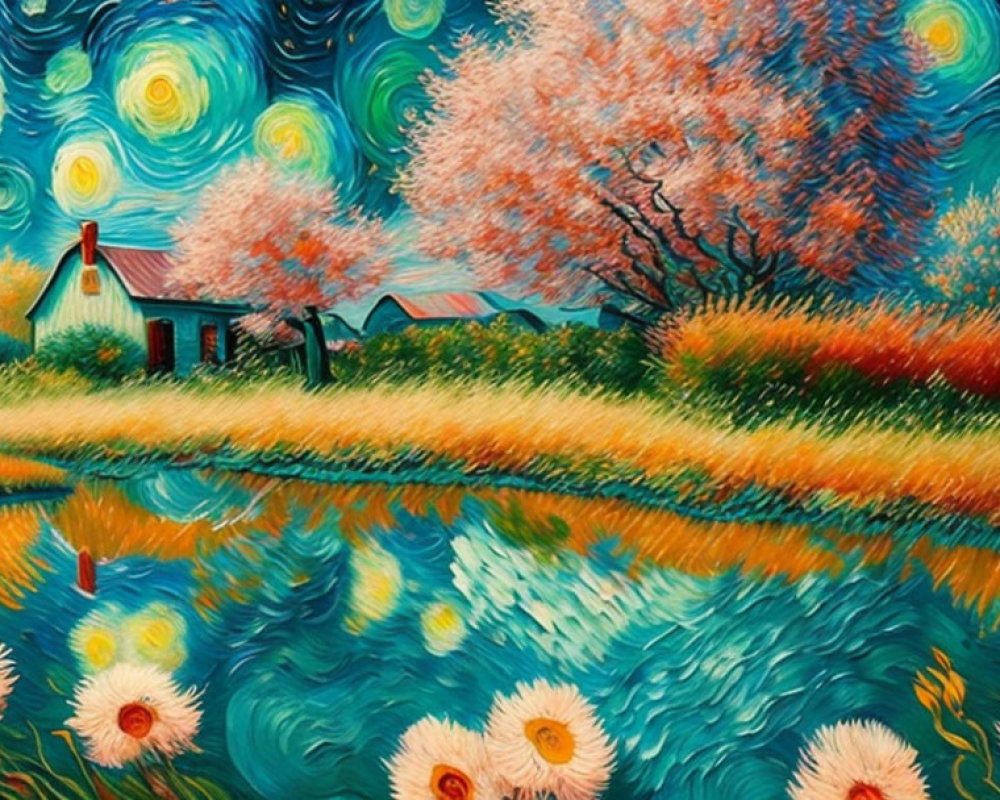 Colorful painting of starry night sky, blooming tree, house, and serene water reflection