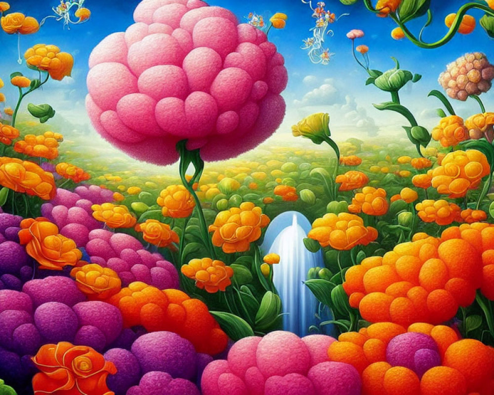 Colorful surreal landscape with giant brain-shaped tree and floating fish