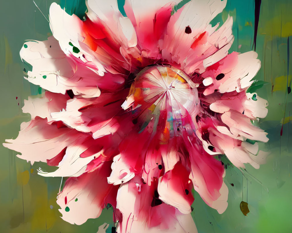 Colorful Abstract Painting of Blossoming Flower in Red and White on Green Background