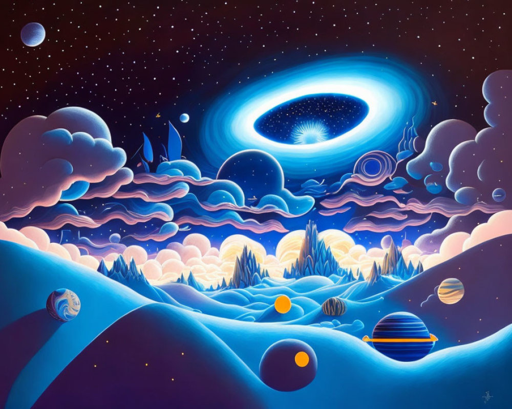 Surreal landscape with rolling hills, black hole, night sky, and celestial bodies