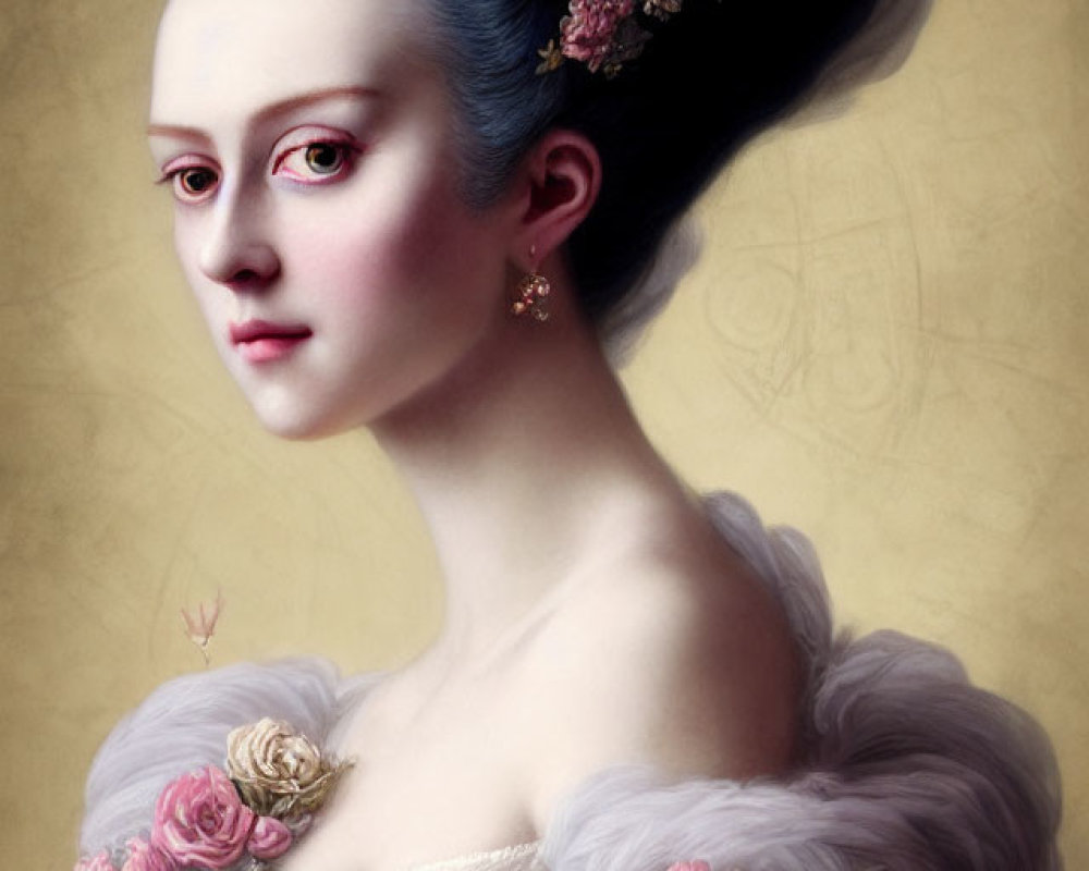 Digital portrait of woman in 18th-century fashion with rose-adorned hairdo & floral dress