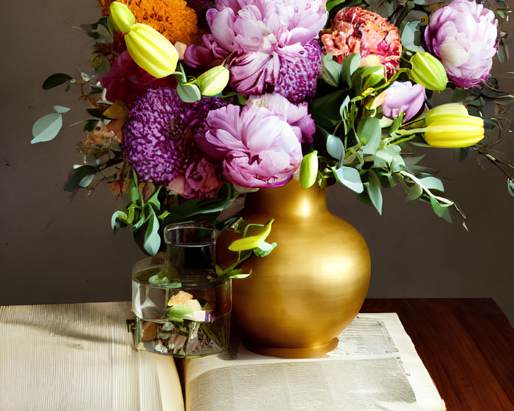 Colorful bouquet in golden vase with open book on wooden table