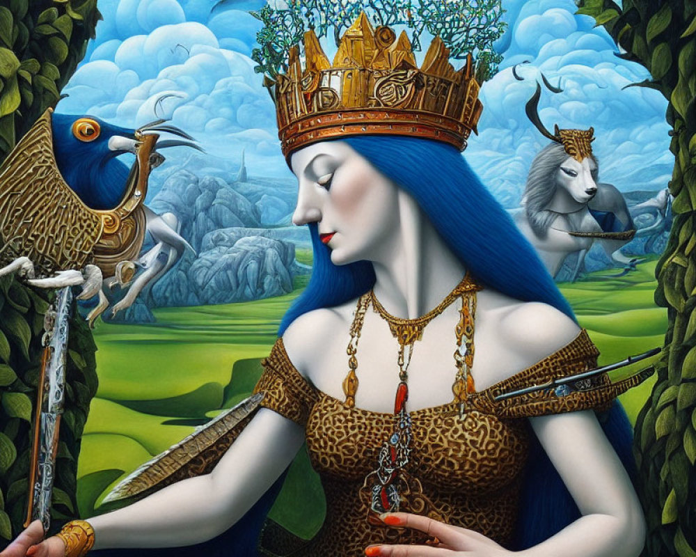 Surreal painting of blue-skinned queen with golden crown and mythical creatures