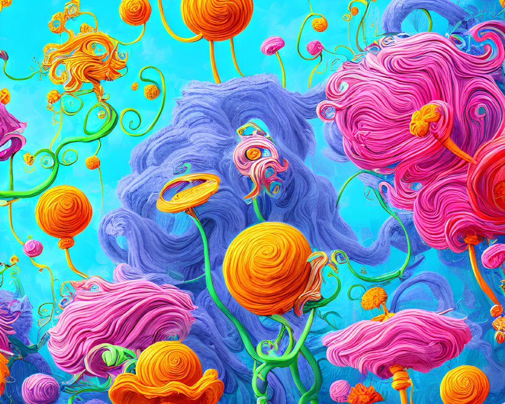 Colorful swirl-patterned orange and pink flora in dreamlike landscape