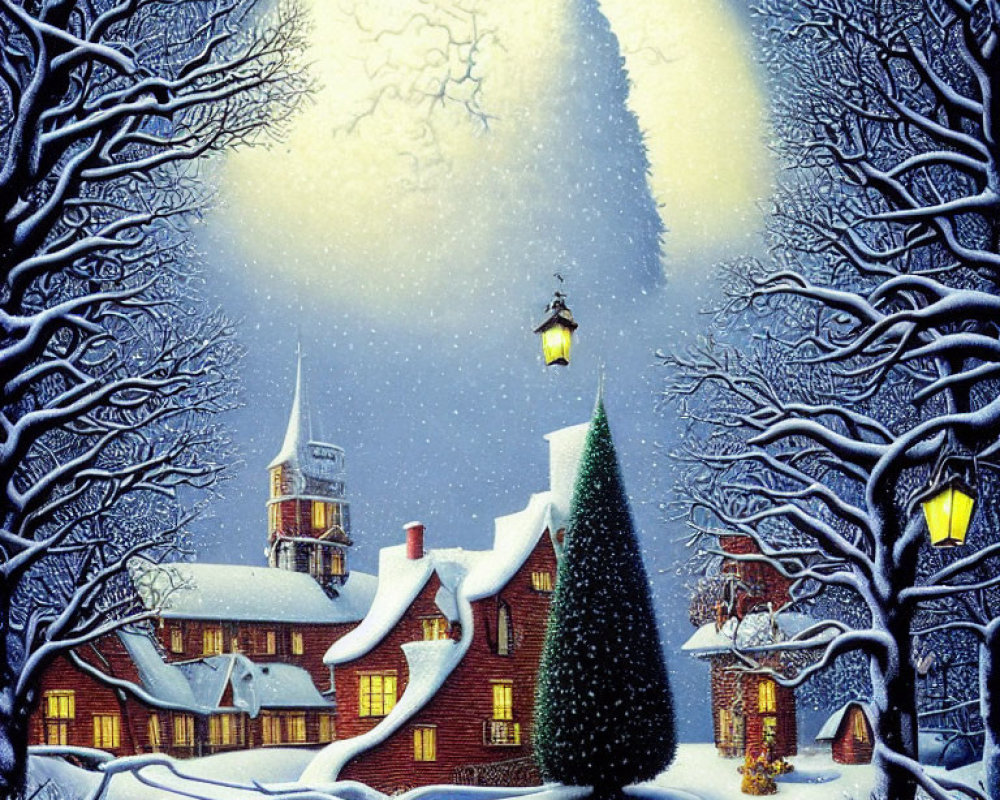 Snow-covered village with Christmas tree and full moon