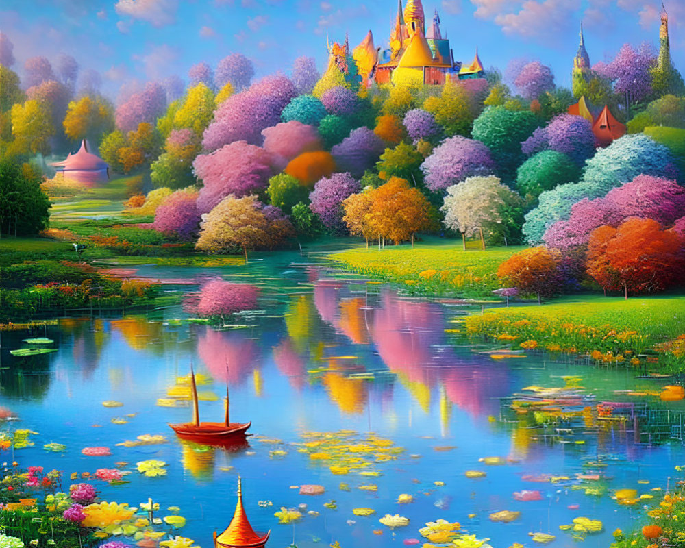 Colorful landscape with castle, blooming trees, river, boat, and flowers under blue sky