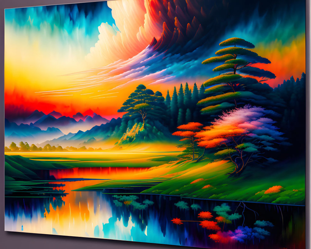 Colorful landscape painting with swirling clouds, lush trees, and reflective lake at sunset