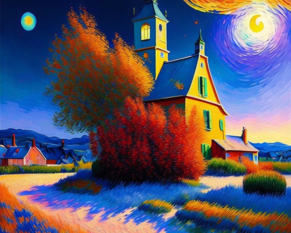 Stylized painting of church with tall steeple in autumn scene