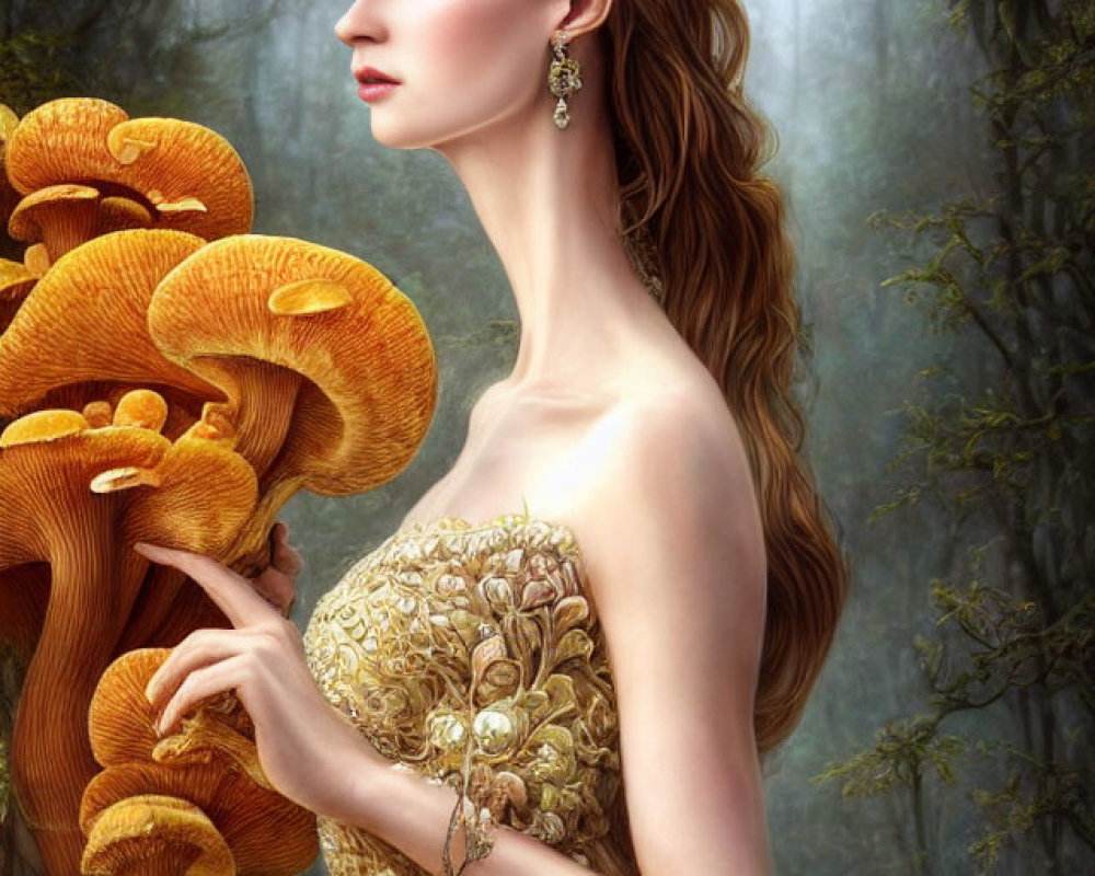 Regal figure with golden crown in enchanted forest among giant mushrooms