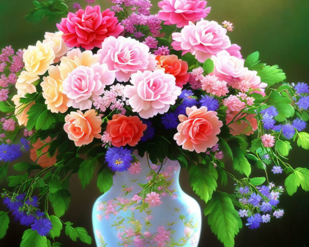 Colorful Mixed Flowers Bouquet in Pink, Red, and Purple in Blue Vase